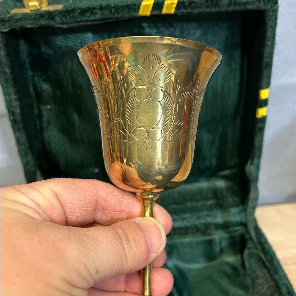 Antique Vintage 2 Brass Wine Goblets Floral Etching India Green Velvet Case - Picture 2 of 16